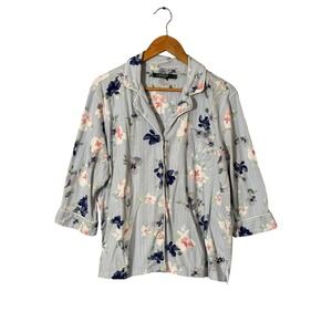 Lauren Ralph Lauren Floral Striped Cotton Pajama Top Blue XL Button Front Sleep